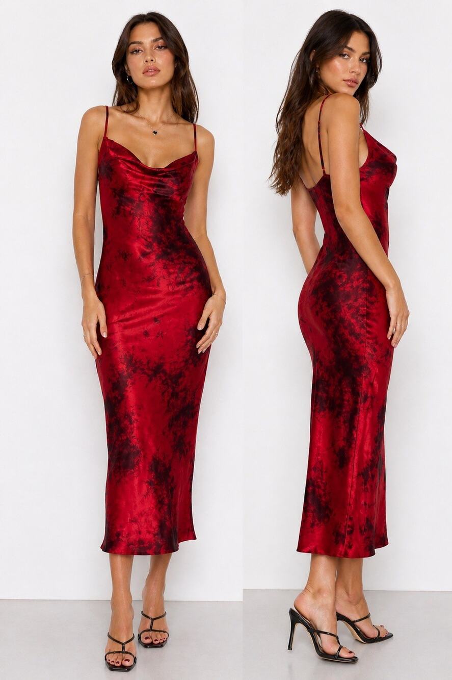 Arden B Red Satin Slip Dress Size 4 Cowl Neck Spaghetti Strap Midi Y2K Grunge